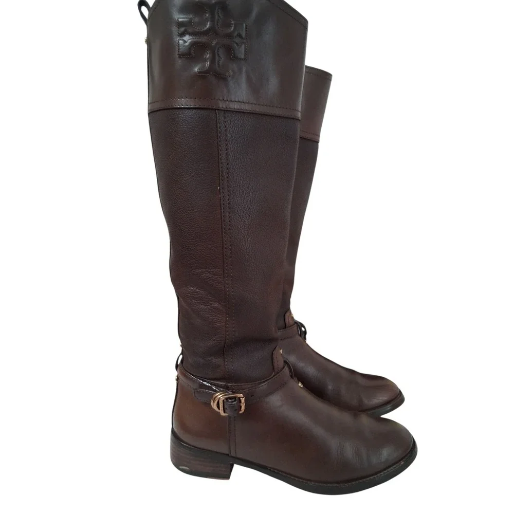 Tory Burch Brown Leather Riding Equestrian Buckle Knee High Boots Women's Size 7